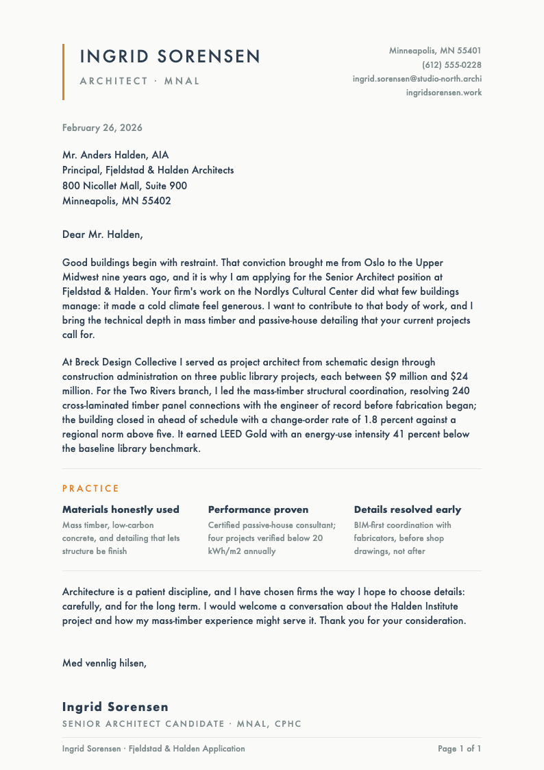 Nordic scandi clean cover letter